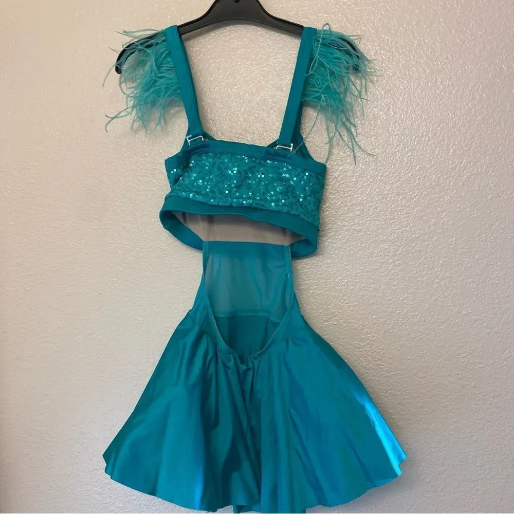 WEISSMAN Dance Costume sassy aqua blue feather Move D12545 XSA-extra small adult